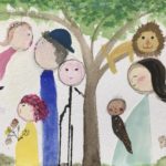 Colorful chld-like image of a family picnic with a happy lion in a tree.