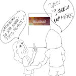 Cartoon of a woman with her inner child looking at an ACA Banner. The child asks, do you know this place? The adult answers, Yes! I grew up here.