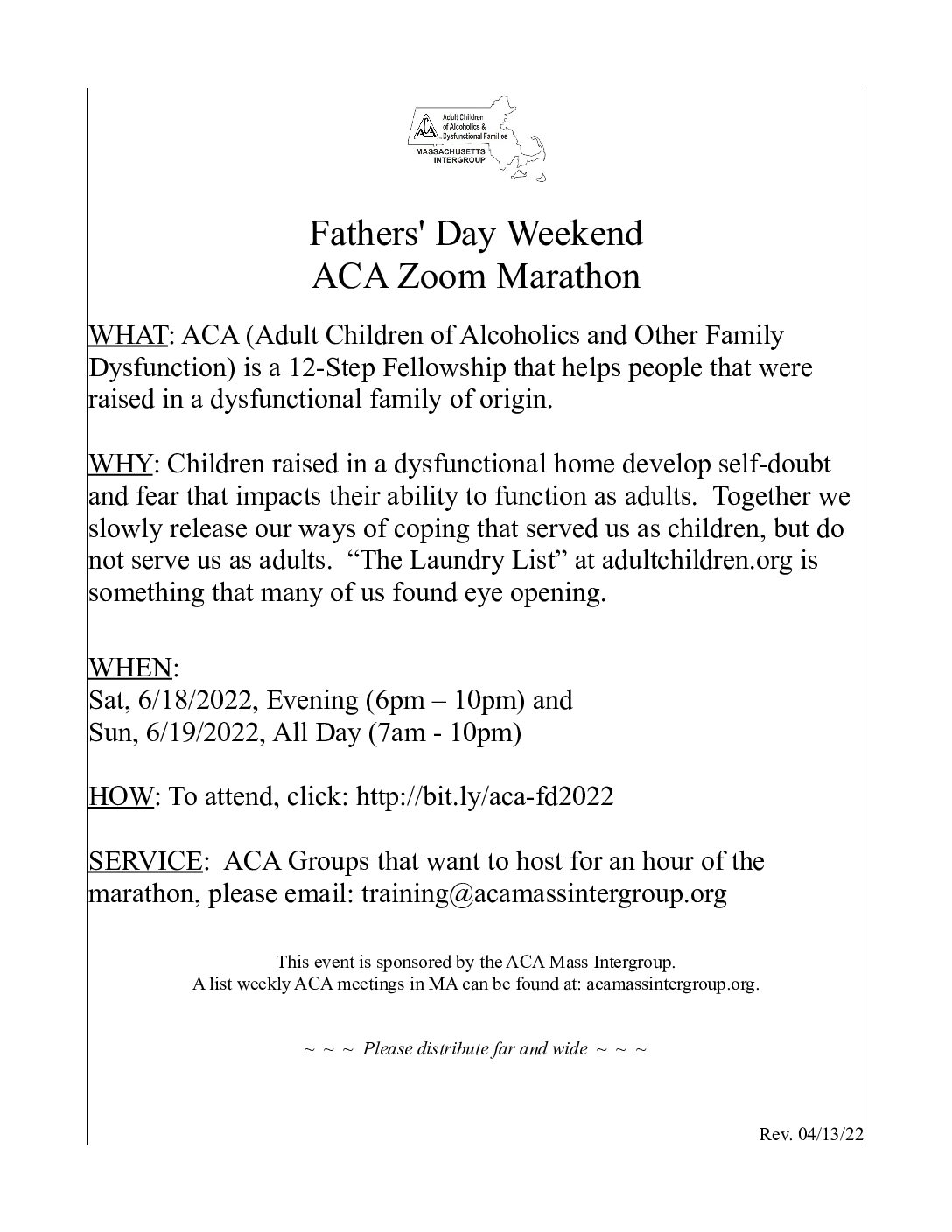 Fathers’ Day Weekend ACA Zoom Marathon