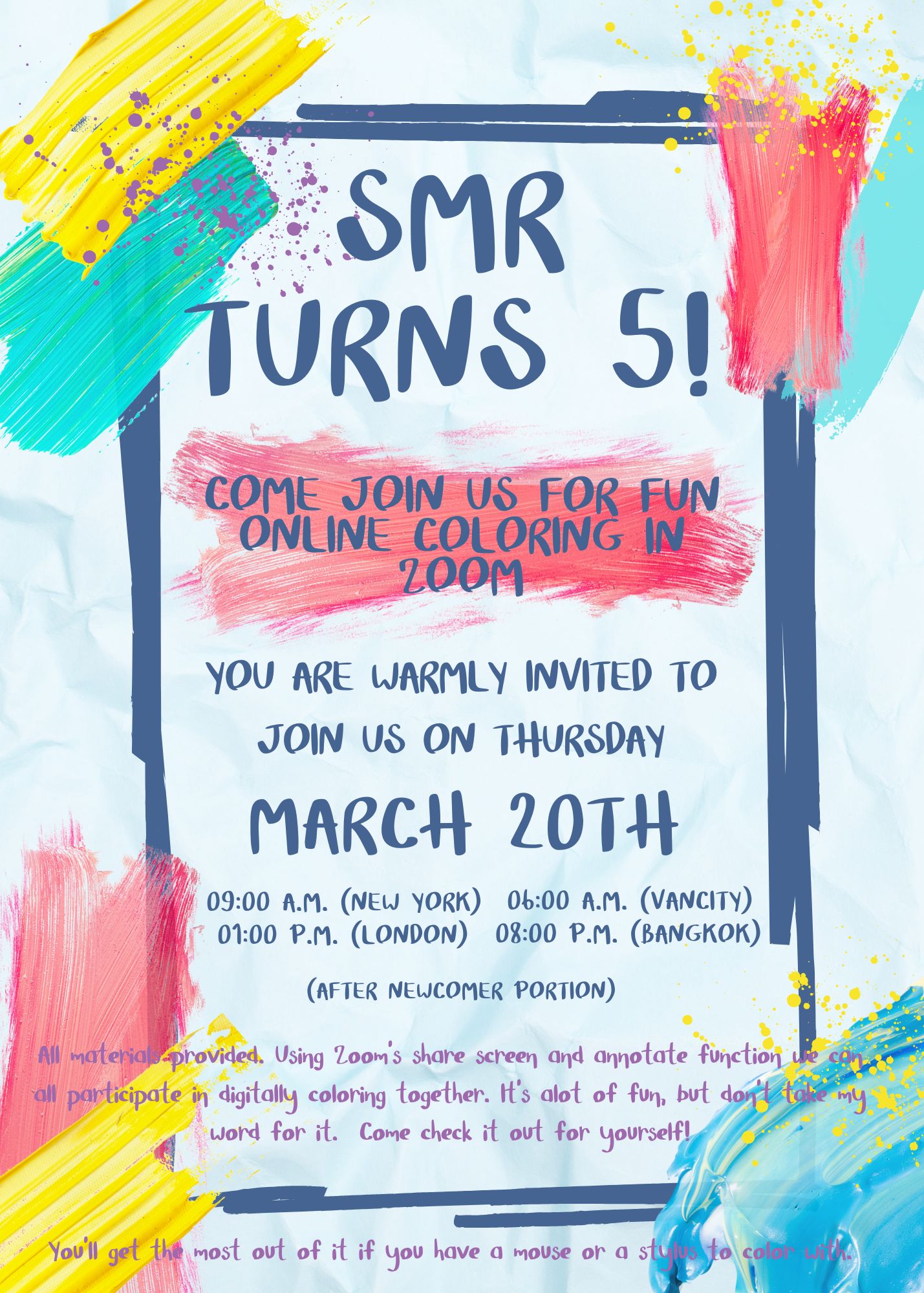 Celebrate SMR’s 5th Birthday Party on Zoom – Virtual Coloring with Conrad!